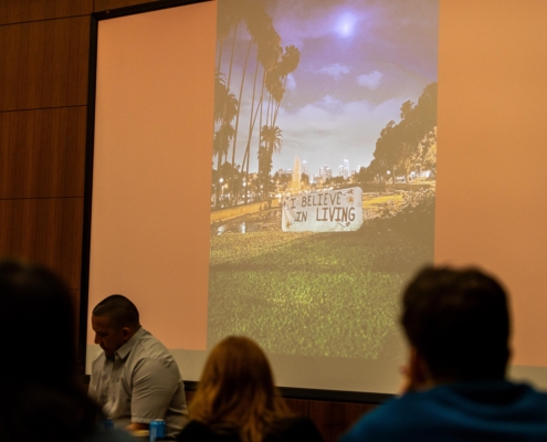 Slide featuring a banner at Echo Park Lake in Los Angeles