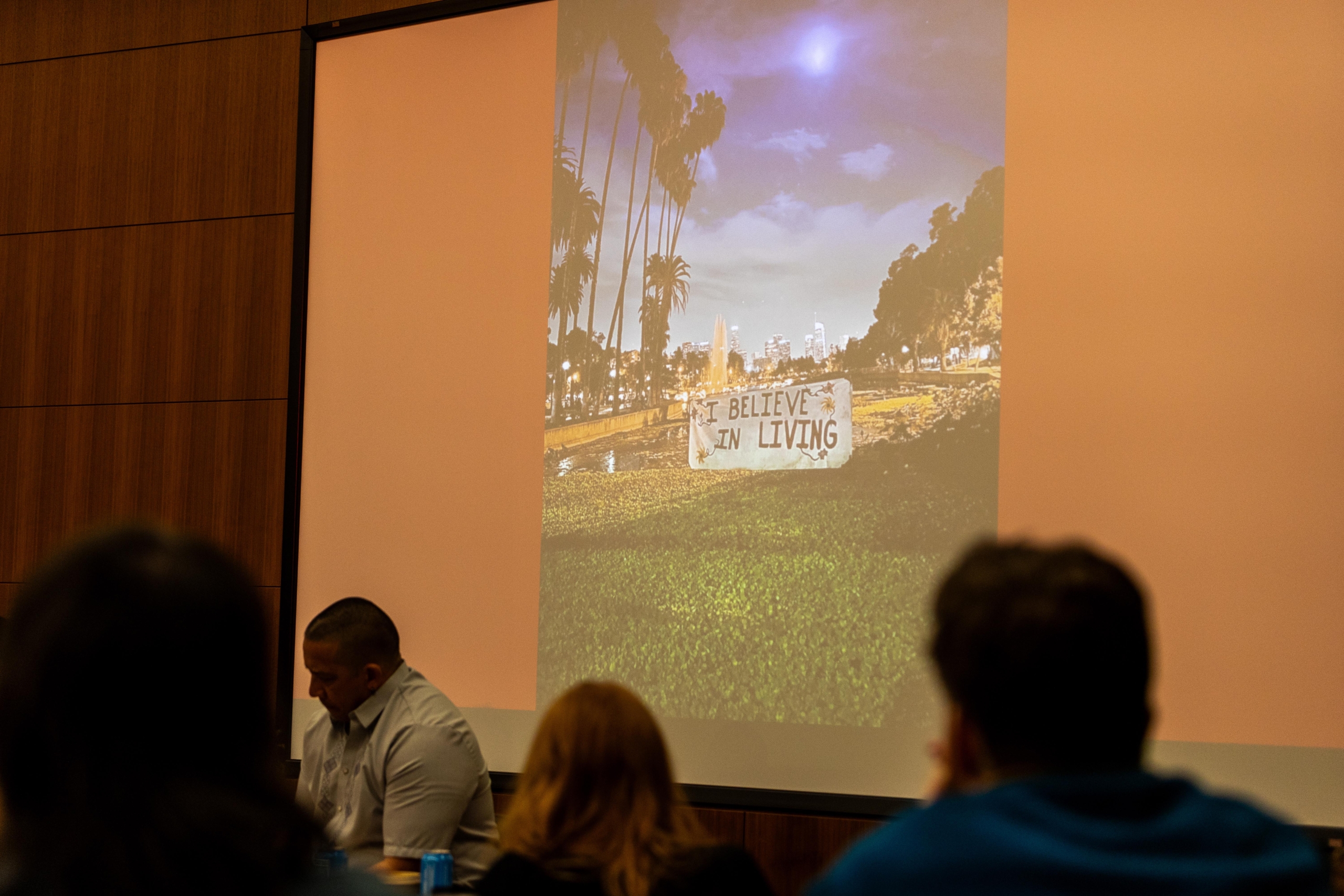 Slide featuring a banner at Echo Park Lake in Los Angeles