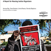 Report cover featuring a Black man holding a sign that reads: "If everyone can't afford the rent they take out tent"