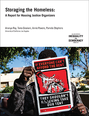 Report cover featuring a Black man holding a sign that reads: "If everyone can't afford the rent they take out tent"